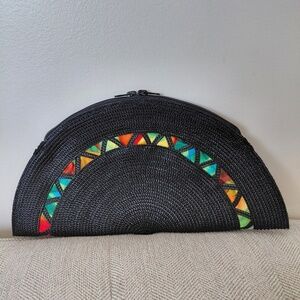 Artisan Straw Black Clutch with Colorful Design